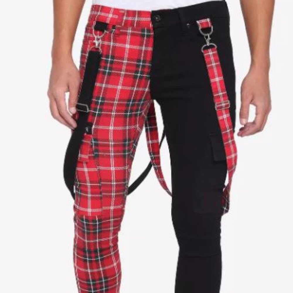 Hot Topic Red Plaid and Black Cargo Pants with Straps